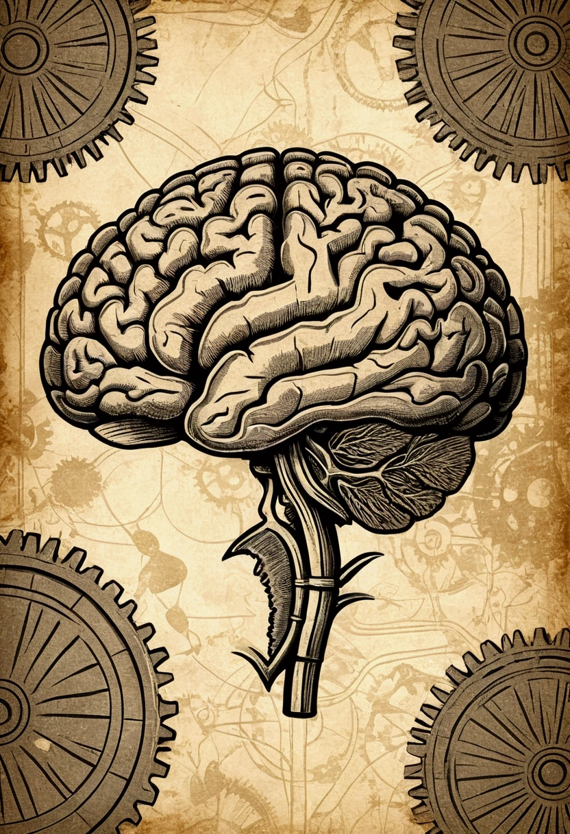 An old wallpaper background, vintage, with illustration of a brain, neurology scenario, graphics and lots of gears, papyrus, rustic paper