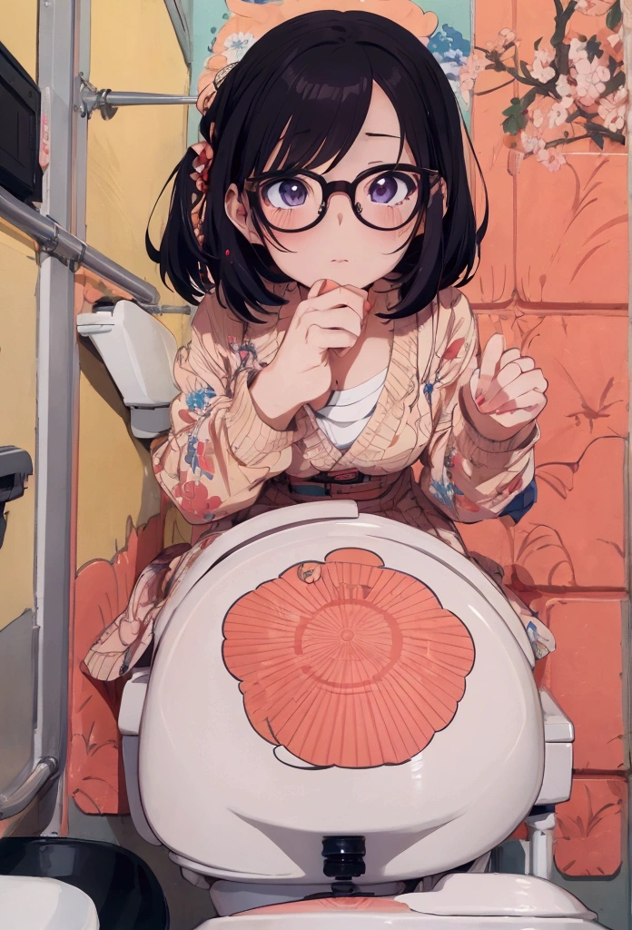 Anime girl with glasses sitting on a toilet bowl, Beautiful anime girl crouching, Anime girl crouching, Gwaiz, Enchanting anime girl, artwork in the style of Gwaiz, Ilya Kuvshinov. 4k yen, Gwaiz on pixiv artstation, Best anime 4k konachan wallpaper, Gwaiz masterpiece