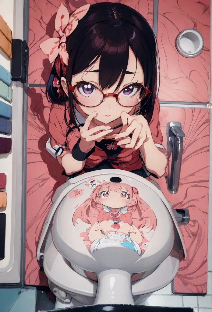 Anime girl with glasses sitting on a toilet bowl, Beautiful anime girl crouching, Anime girl crouching, Gwaiz, Enchanting anime girl, artwork in the style of Gwaiz, Ilya Kuvshinov. 4k yen, Gwaiz on pixiv artstation, Best anime 4k konachan wallpaper, Gwaiz masterpiece
