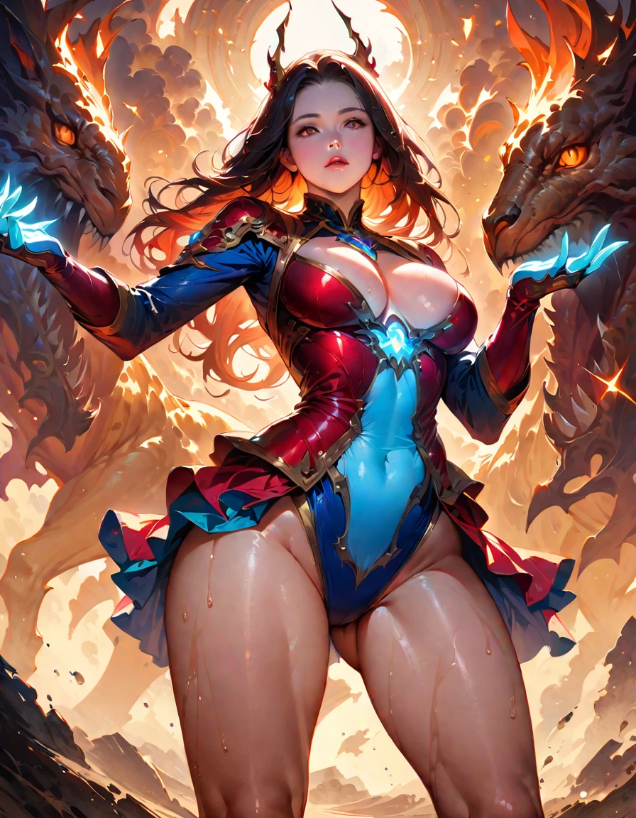 Young beautiful woman,Riding on a big cat,(Highest quality,Extremely detailed depiction,Incredibly absurd high resolution,Anatomically accurate depiction,Nice hands, Perfect Fingers,Curvy Legs),(Glowing Skin,Shiny skin),There is cleavage in the chest,Glossy Lips,Sweat,background:Mysterious sight,Fantasy