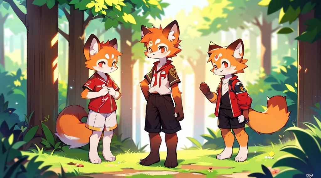 Red Panda Boy,8k resolution,Furry,          Uniform attire,Red collar,Two legs,Stand on your feet！                   towering,lanky,lanky,：slim body,：tall          