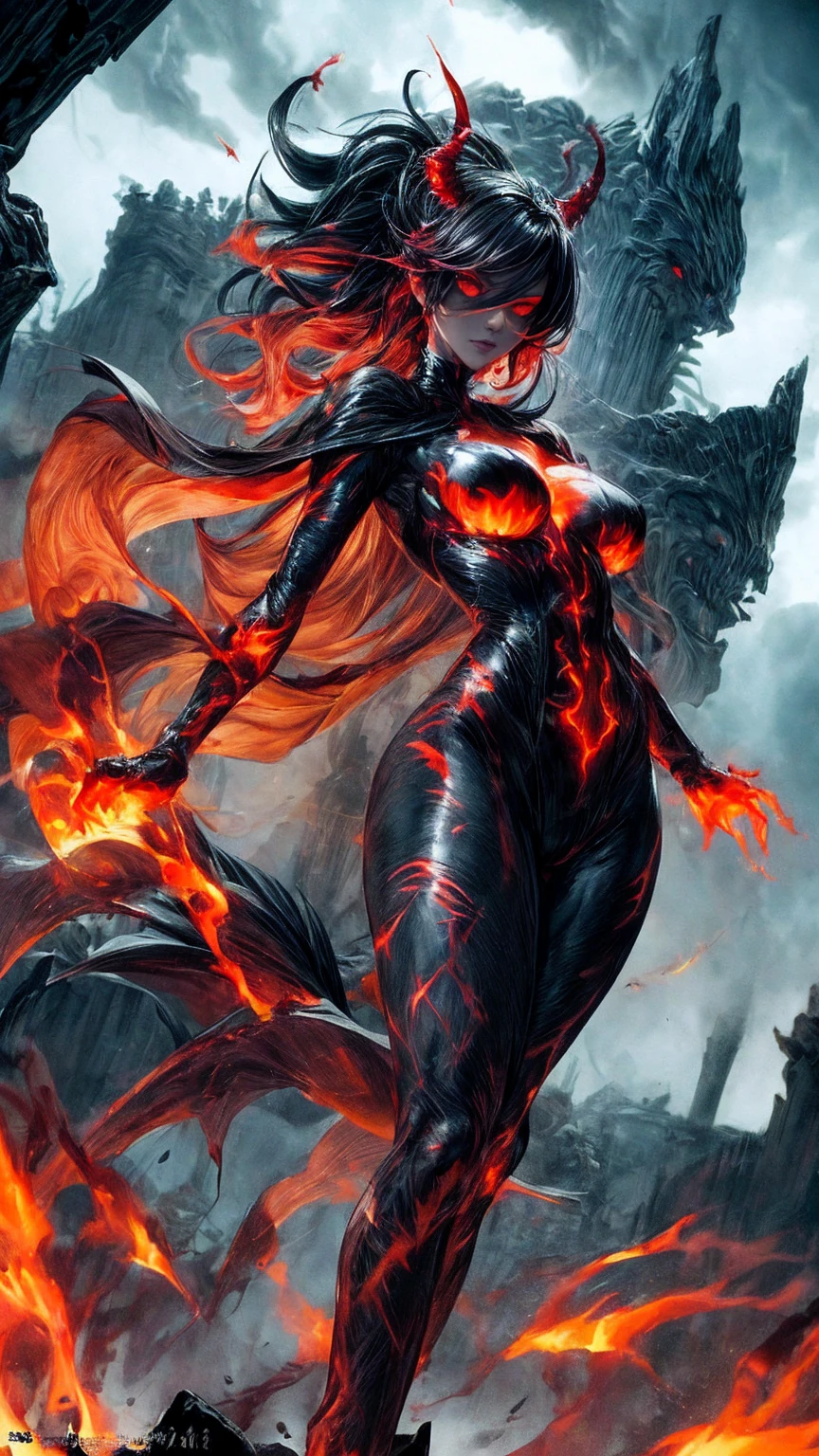 Storyboard, masterpiece, highest quality, dragonlady queen, perfect demoness, long legs, hourglass figure, curvy hips, bright red glowing eyes, detailed eyes (1.4), scars on face, villainous expression, flaming skin body with bioluminescent glowing pattern, ready for battle, blurred stormy background, dark atmosphere, lighting in background,full body,