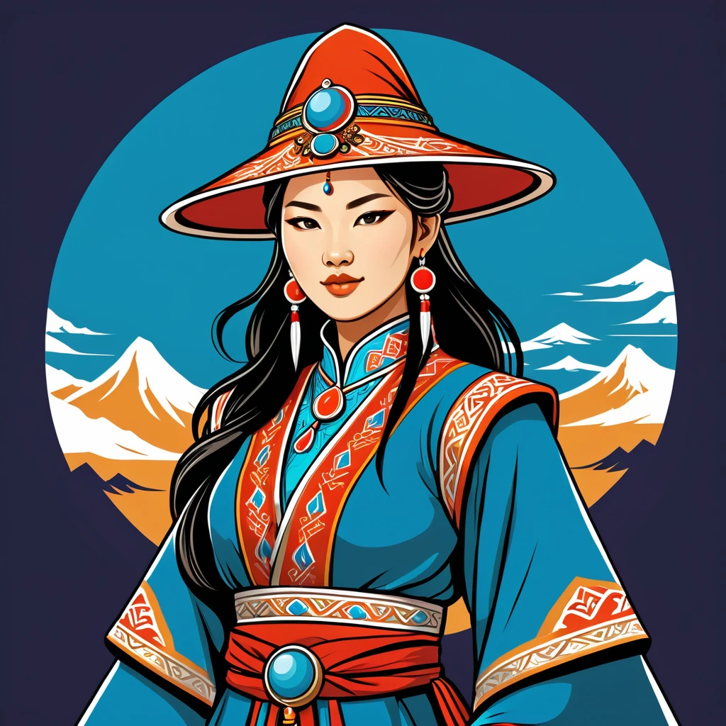 female mage in mongolian folk outfit, vector graphics, strong contours, logo design