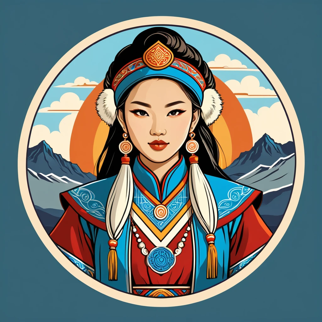 female mage in mongolian folk outfit, vector graphics, strong contours, logo design
