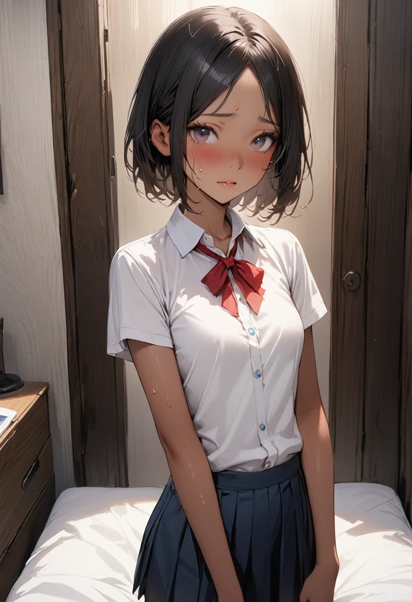 ((masterpiece,Highest quality:1.3,best quality illustration)),((realistic:1.2)),cowboy shot,独奏,1woman,18 year old beauty、black hair,short bob hair,(center parted bangs),black eyes,(gorgeous eyes),((very small head:1.3)),shy,((slender body,skinny)),(tan skin:1.4),small breasts,White short-sleeved collared shirt、red bowtie,Navy blue pleated mini skirt),gleaming skin,oily skin,slender body,sweat, Simple bed、Simple bedroom、Tokyo、