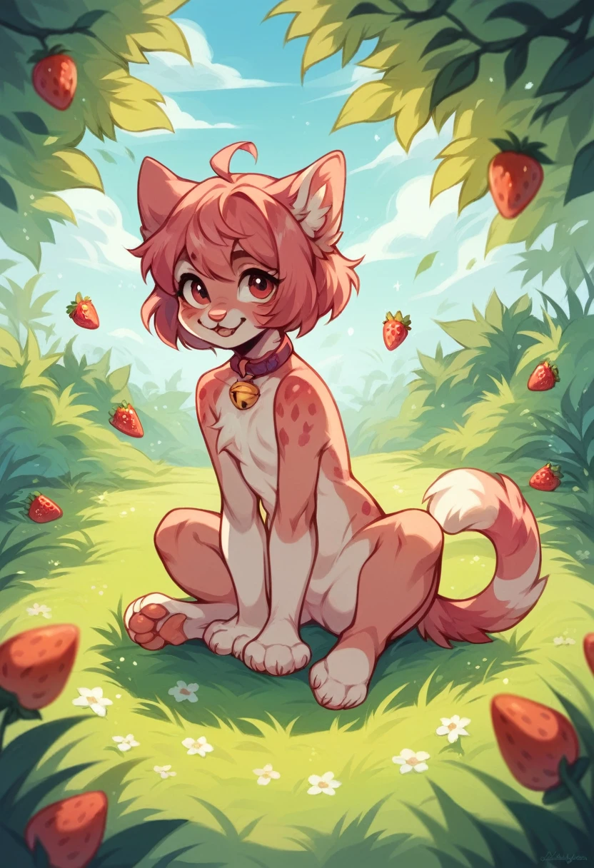 ral-strawberryjam, a small strawberry cat sitting on a meadow