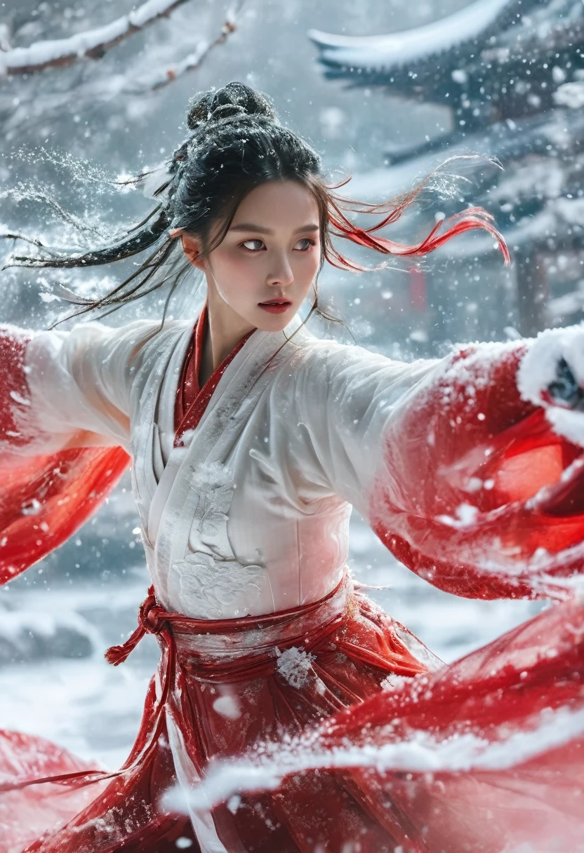 the girl is wielding a sword, in the style of xiaofei yue, ethereal images, light white and red, colorful costumes, movie still, snow, snow falling on her, dynamic and action-packed --ar 1:2 --stylize 750 --v 6