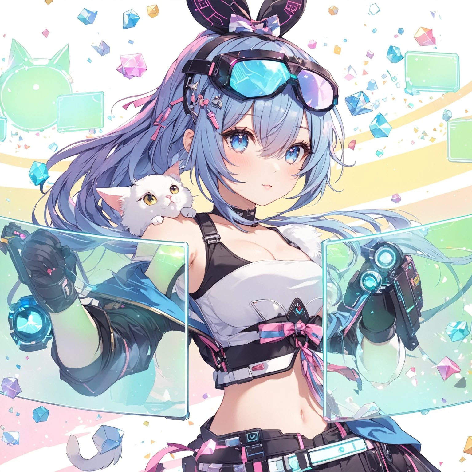 masterpiece, best quality, good quality, Sci-fi Fantasy Aesthetic, Highly detailed, shadowverse style, teen, girl, cute, cat ribbon, hacker, blue hair