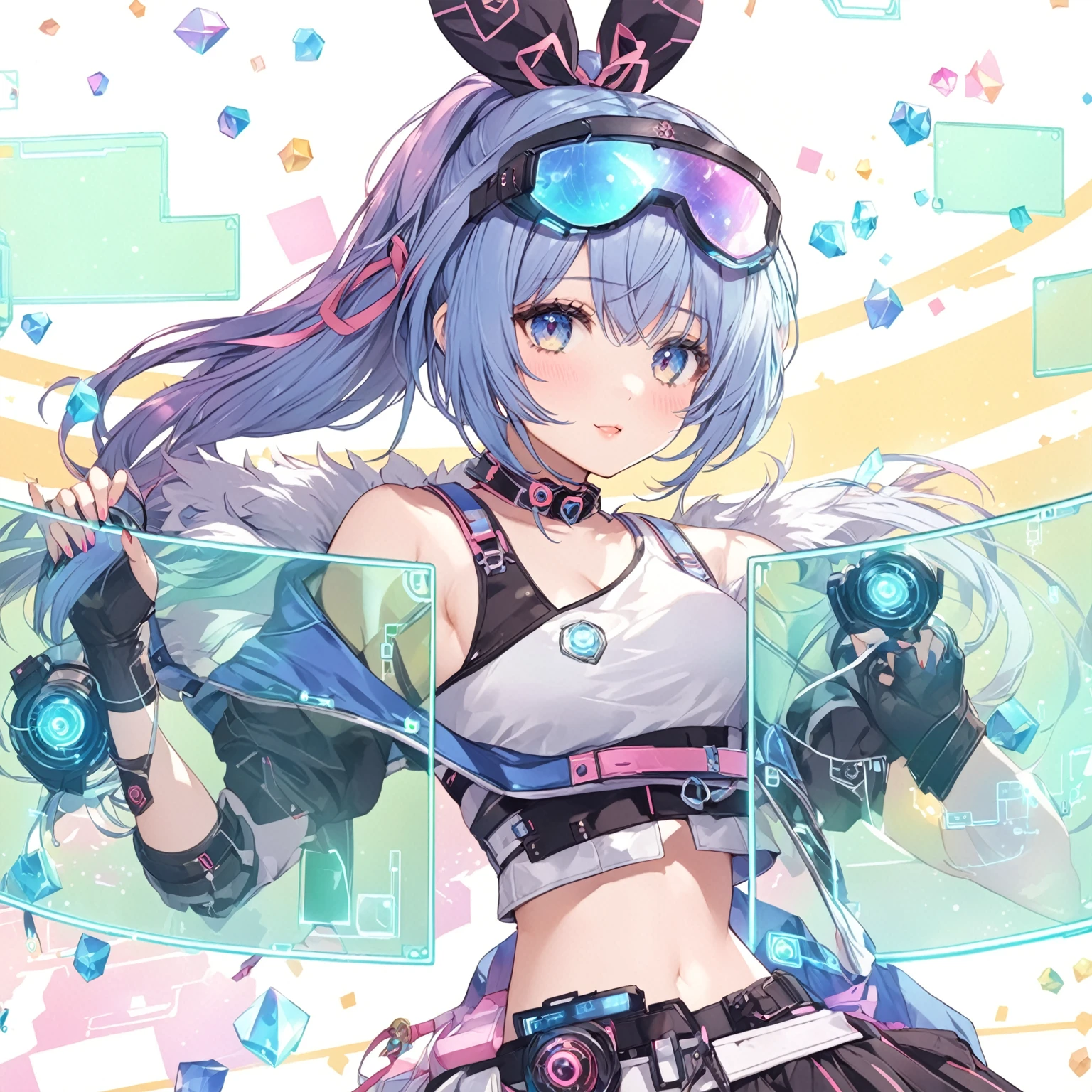 masterpiece, best quality, good quality, Sci-fi Fantasy Aesthetic, Highly detailed, shadowverse style, , girl, cute, cat ribbon, hacker, blue hair