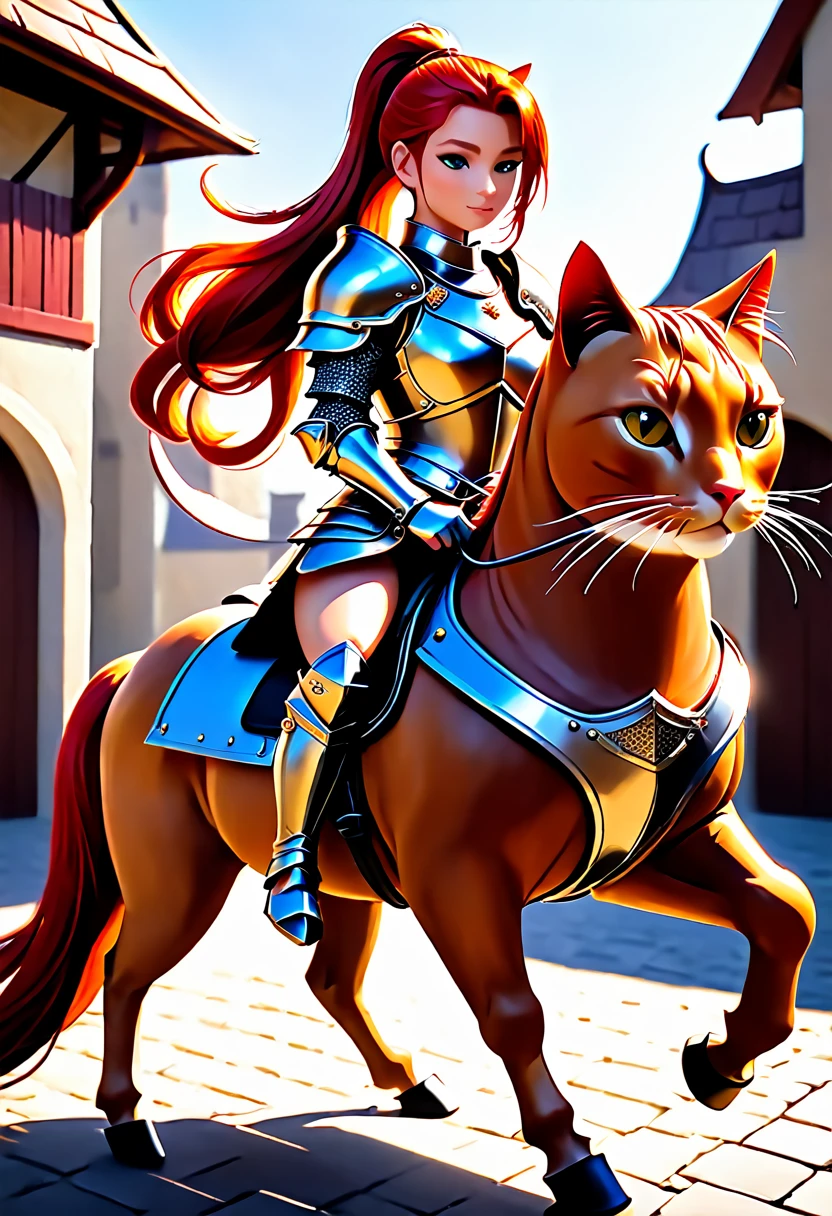 aarafed a picture of a  human knight riding an ((epic sized cat: 1.3)) וin fantasy street, a  a human knight, full body, ((anatomically correct: 1.5), female knight, red hair, long hair, hair in a pony tail, wearing knight's armor, decorated armor, high heeled boots, BREAK riding a ((cat big as a horse: 1.5)), the cat is wearing armor ready for battle, dynamic color cat Hyperrealism style, vibrant, Ultra-high resolution, High Contrast, (masterpiece:1.5), highest quality, Best aesthetics), best details, best quality, highres, ultra wide angle, 16k, [ultra detailed], masterpiece, best quality, (extremely detailed) RAW, ArmoredDress