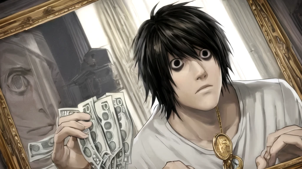 1 boy, man, perfect anatomy, mesmerizing black eyes, 8k resolution, (one person), (realism: 1.2), (masterpiece: 1.2), (cowboy frame: 1.2), dark romantic lighting, (high detail: 1.2), (detailed face: 1.2), (gradients), bright detailed eyes, (natural light: 1.2), solo, indoors, perfect lighting, perfect facial features, perfect angle, perfectly drawn eyes, man, skinny, serious expression, money, dollars, gold around, dollars