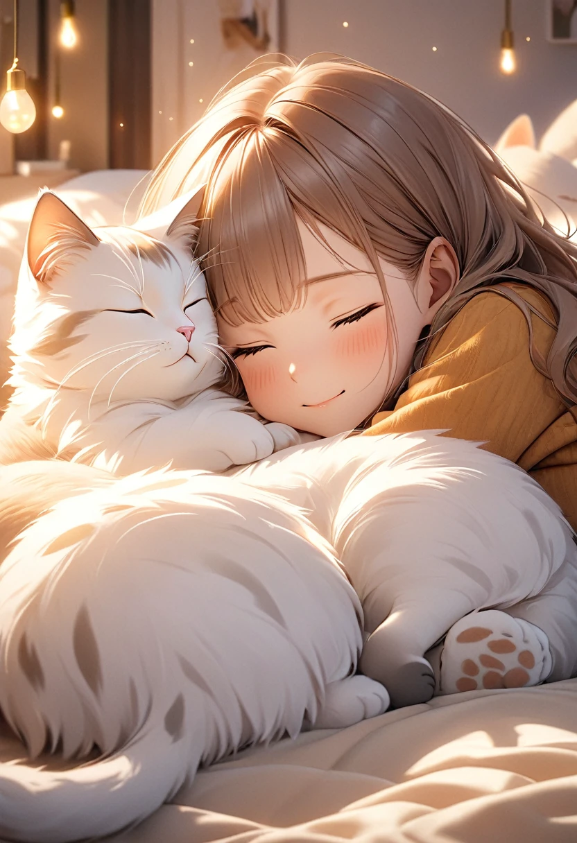 giant cat and cute girl, (cat bigger than the girl):1.5, giant fluffy adorable cat, leaning and sleeping side by side together on the bed, girl and cat happy full atmosphere, highly detailed, cinematic lighting, complex Detailed, warm colors, dreamy, soft focus, 8k, top quality, photorealistic