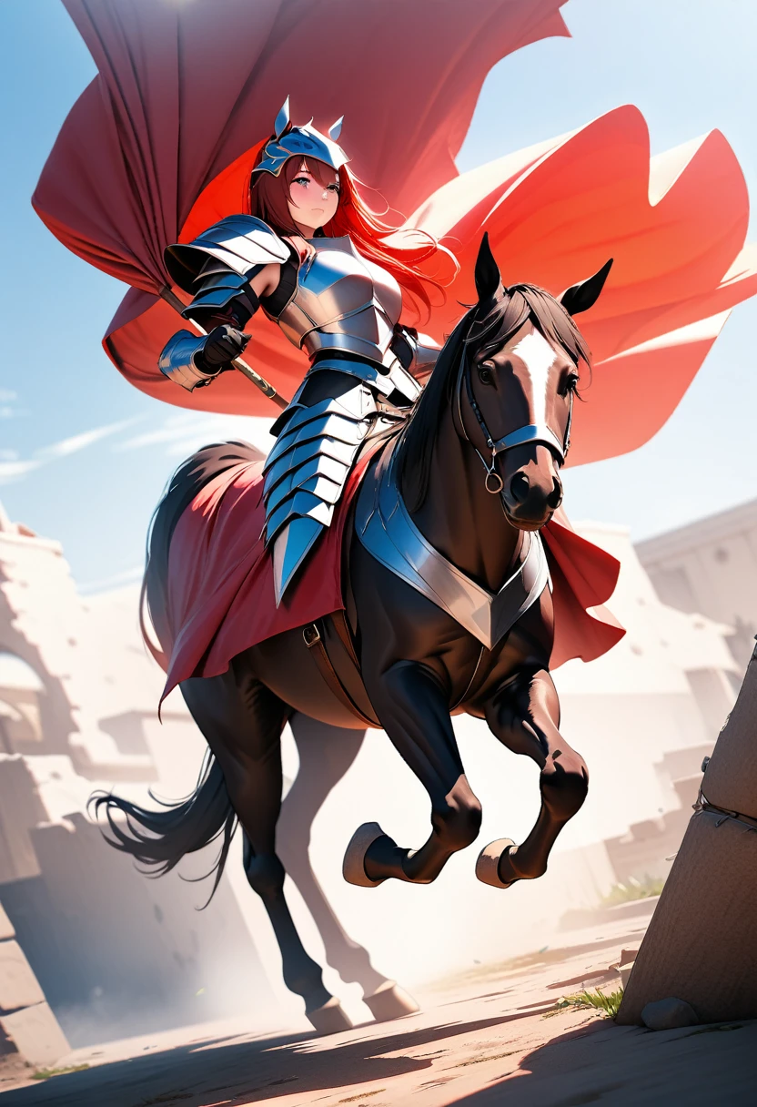 sexy swordsman knight woman riding on a horse on the battlefield