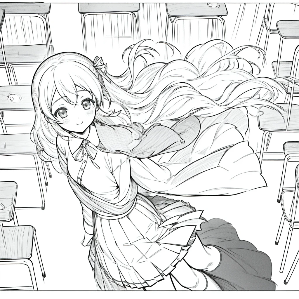 masterpiece, One girl, alone, throw, Ayase Fuka, , blouse, Pleated skirt, ribbon, mini skirt, Front view, Bust Shot, walk, From above,
Cowboy Shot,, smile, grayscale, Monochrome, Halftone, drawing, manga, Story of a bride,
Face Focus, classroom,