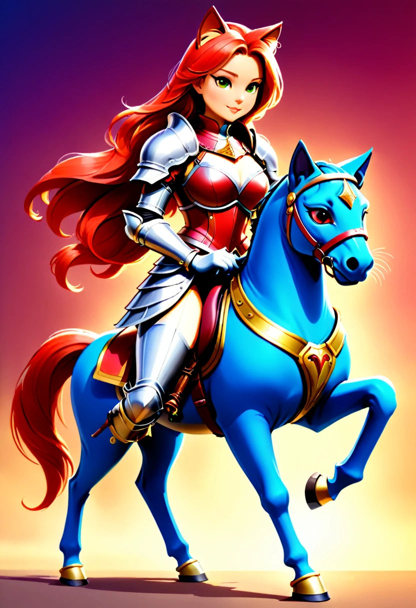 aarafed a picture of a  human knight riding an ((epic sized cat: 1.3)) וin fantasy street, a  a human knight, full body, ((anatomically correct: 1.5), female knight, red hair, long hair, hair in a pony tail, wearing knight's armor, decorated armor, high heeled boots, BREAK riding a ((cat big as a horse: 1.5)), the cat is wearing armor ready for battle, dynamic color cat Hyperrealism style, vibrant, Ultra-high resolution, High Contrast, (masterpiece:1.5), highest quality, Best aesthetics), best details, best quality, highres, ultra wide angle, 16k, [ultra detailed], masterpiece, best quality, (extremely detailed) RAW, ArmoredDress