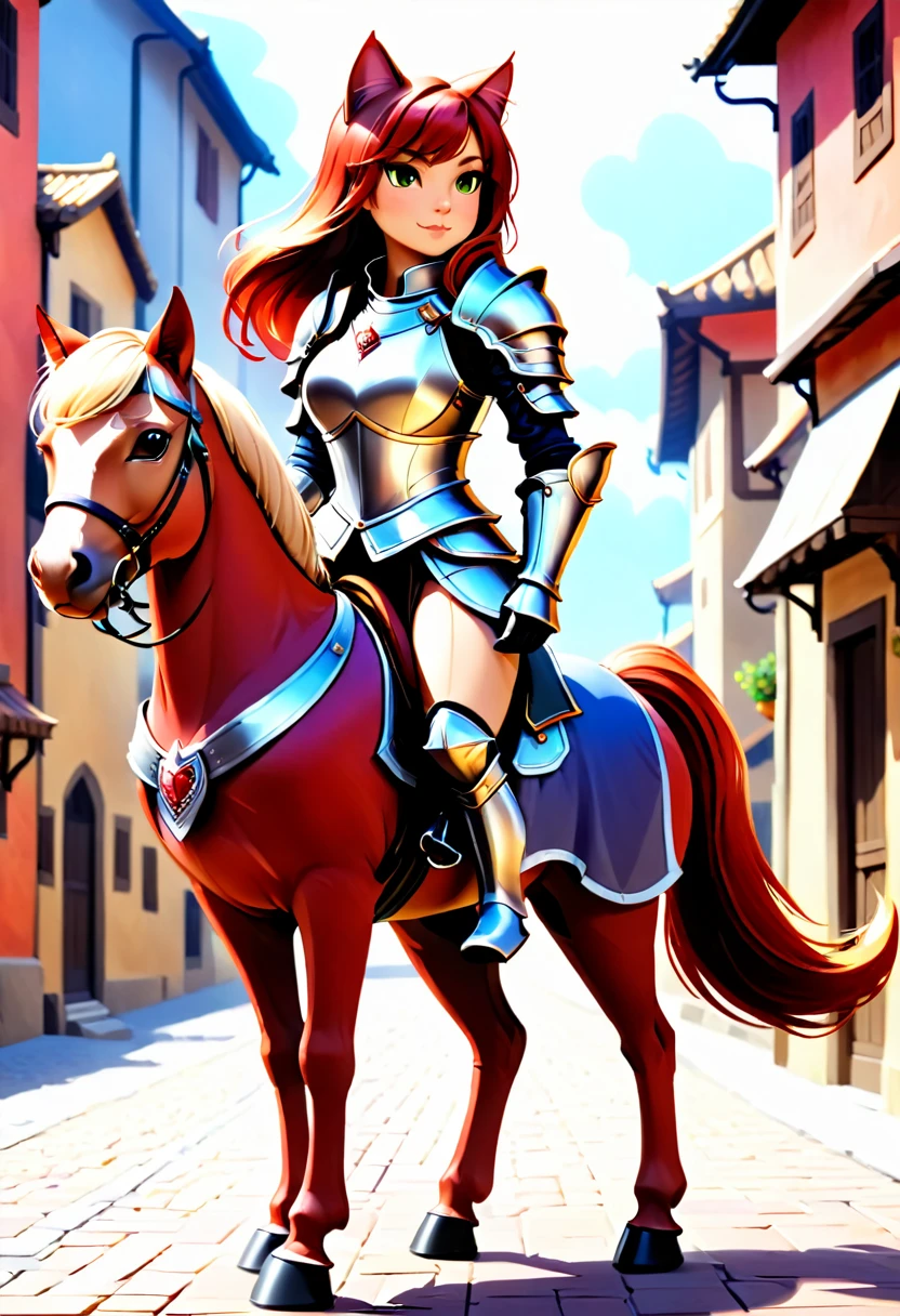 aarafed a picture of a  human knight riding an ((epic sized cat: 1.3)) וin fantasy street, a  a human knight, full body, ((anatomically correct: 1.5), female knight, red hair, long hair, hair in a pony tail, wearing knight's armor, decorated armor, high heeled boots, BREAK riding a ((cat big as a horse: 1.5)), the cat is wearing armor ready for battle, dynamic color cat Hyperrealism style, vibrant, Ultra-high resolution, High Contrast, (masterpiece:1.5), highest quality, Best aesthetics), best details, best quality, highres, ultra wide angle, 16k, [ultra detailed], masterpiece, best quality, (extremely detailed) RAW, ArmoredDress