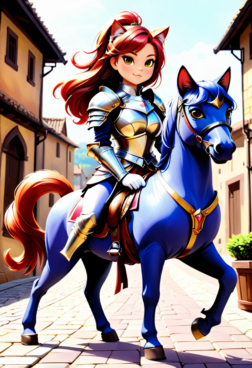 aarafed a picture of a  human knight riding an ((epic sized cat: 1.3)) וin fantasy street, a  a human knight, full body, ((anatomically correct: 1.5), female knight, red hair, long hair, hair in a pony tail, wearing knight's armor, decorated armor, high heeled boots, BREAK riding a ((cat big as a horse: 1.5)), the cat is wearing armor ready for battle, dynamic color cat Hyperrealism style, vibrant, Ultra-high resolution, High Contrast, (masterpiece:1.5), highest quality, Best aesthetics), best details, best quality, highres, ultra wide angle, 16k, [ultra detailed], masterpiece, best quality, (extremely detailed) RAW, ArmoredDress