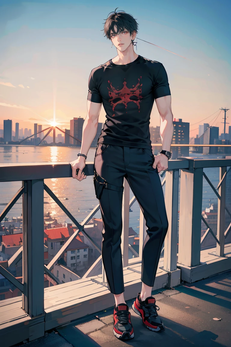 (masterpiece), best quality, seductive eyes, perfect face, handsome man, red eyes, short messy black hair, long nose, plain t-shirt, grey fitted pants, black sneakers, full body, extremely tall man, long legs, long calves, anime cover, 1boy, ear piercings, adult-like look, there's a beautiful city in the background