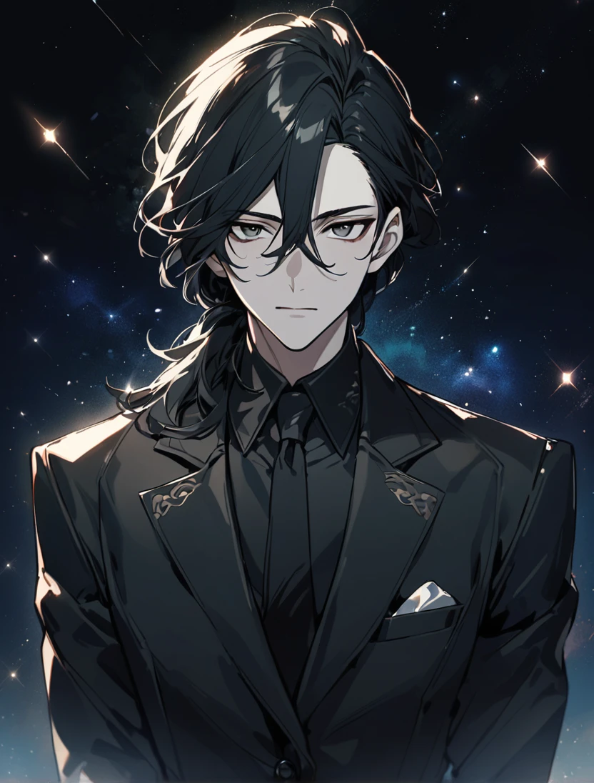 (black_hair), (long_male_hair), (deep_black_eyes), (detailed_eyes), (attractive_and_handsome), (emotionless), (Deep_space_background), (male), (wears_black_suit), (long_male_hair), (detailed_Hair), (detailed), (detailed_mouth), (vertical_pupils), (detailed), (on_his_twenties), (Europian)
