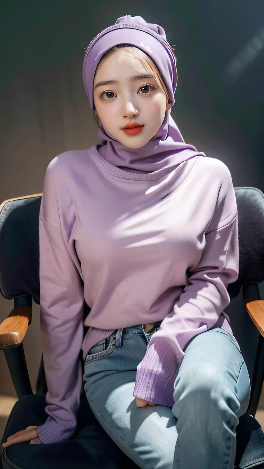 a 20 yo woman,((hijab)), soft purple sweater, dark theme, soothing tones, muted colors, high contrast, (natural skin texture, hyperrealism, soft light, sharp), simple background, smile, natural beauty, modern chair, sitting on a chair, wearing jeans, white gloves, beautiful eyes, green eyes, perfect figure
