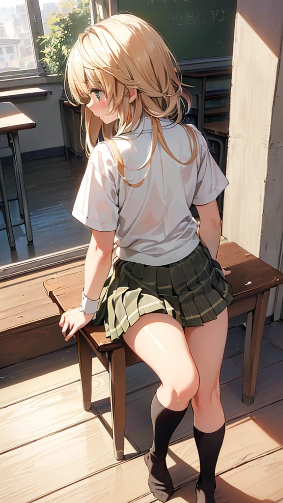 (((Angle from directly below))), Beautiful details, 16K, Absurd, masterpiece, Super detailed, beautiful girl, ((Detailed shiny detailed feminine shiny padded white panties backside)), One girl crouching, (((Panty Force))), From behind,  Platinum Blonde Hair、Panty shot、View from below、(((school uniform、Pleated skirt、Knee socks))),School classroom