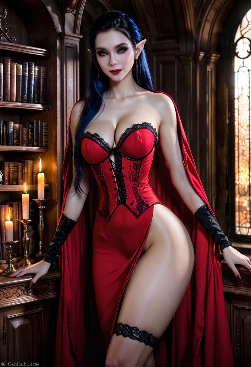 arafed a picture of elf vampire in her castle. an exquisite beautiful, busty, female elf vampire (ultra details, Masterpiece, best quality), full body, ((anatomically correct: 1.5) bloody mouth, (black and blue hair: 1.3), pale skin, hair in a ponytail, long hair, (silver: 1.3) eyes, (small pointed ears: 1.4), cold eyes, smirking, wearing dark  orange dress (ultra details, Masterpiece, best quality), red cloak, wearing high heels, in dark fantasy library, book shelves, vibrant, Ultra-high resolution, High Contrast, (masterpiece:1.5), highest quality, Best aesthetics), best details, best quality, highres, ultra wide angle, 16k, [ultra detailed], masterpiece, best quality, (extremely detailed) RAW, dark fantasy art, gothic art, goth, elf, Hyperrealism style, wearing Haute_Couture designer dress