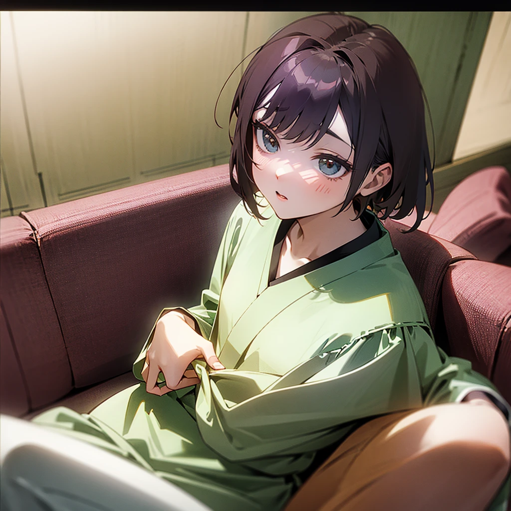 extremely detailed,
(Ellen 18-years-old, short dark layered hair, Brown-eyed, small breast:1.0), hair clips 
Fantasy green rogue outfit, spread legs, groin , embarrassed , panties , sitting 