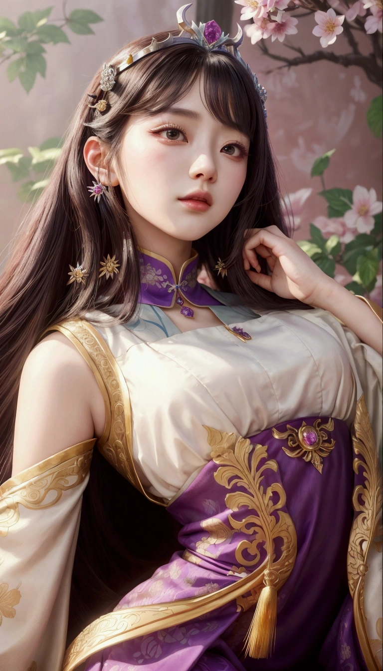 a close up of a woman in a purple dress with long hair, inspired by Du Qiong, beautiful character painting, inspired by Lan Ying, 8k high quality detailed art, palace ， a girl in hanfu, realistic. cheng yi, ((a beautiful fantasy empress)), a beautiful fantasy empress, inspired by Qiu Ying, artwork in the style of guweiz