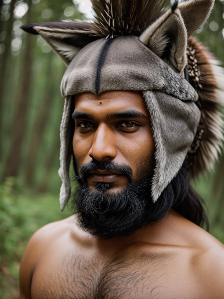 an Indian with wolf's skin on his head