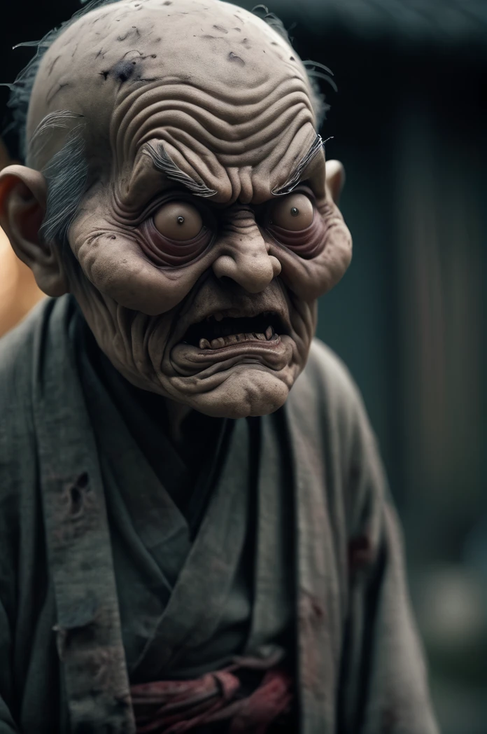 Full Body Shot、Horror-themed movie stills,Scary big-headed old man,(Head size 1:4) (Full body portrait:1.3), (Detailed old man evil face:1.4), Wearing loose Japanese clothing, Shallow depth of field, Vignette, Very detailed, High budget, Bokeh, CinemaScope, Sulky, amazing, nice, Film Grain, granular . Creepy, Anxious, dark, Creepyな, Suspenseful, strict, Very detailed
