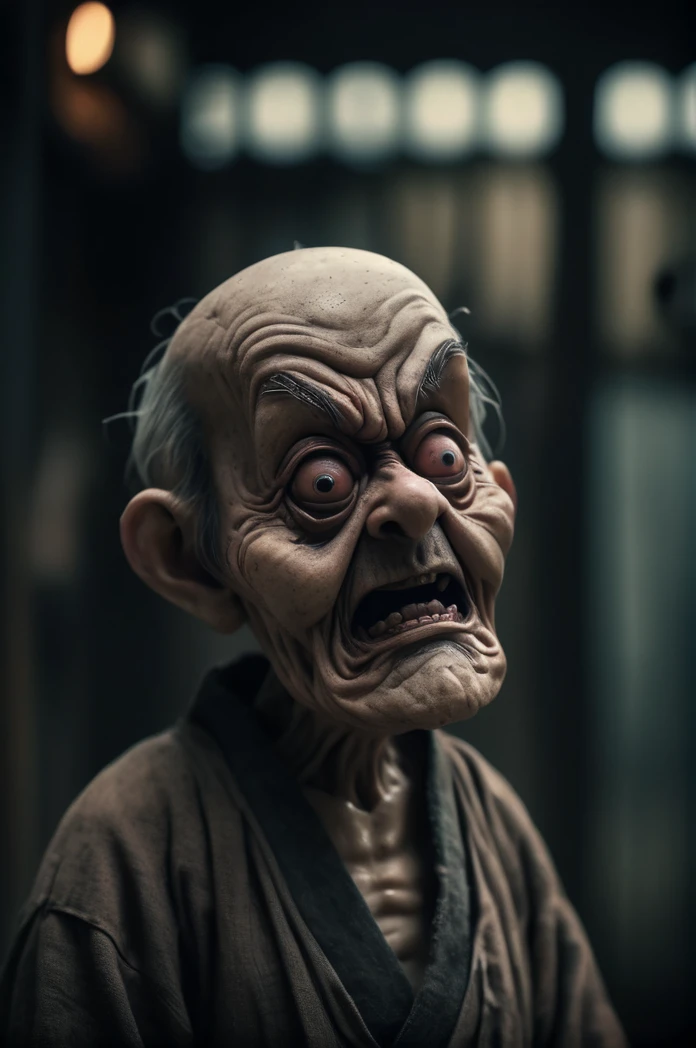 8k、Ultra HD、Horror-themed movie stills,夜の町の中央にCreepyに立っている、A short, skinny, bald old man wearing a traditional Japanese kimono with narrow eyes and a large head、Alien head shape、Carrying a walking stick、Shallow depth of field, Vignette, Very detailed, High budget, Bokeh, CinemaScope, Sulky, amazing, nice, Film Grain, granular . Creepy, Anxious, dark, Creepyな, Suspenseful, strict, Very detailed
