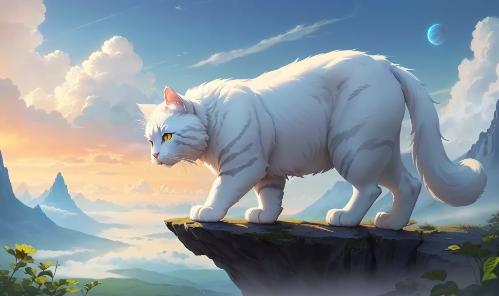 there is a white cat standing on a cliff looking at the sky, warrior cats fan art, warrior cats, realistic anime cat, ashfur from warrior cats, furry fantasy art, white cat, warrior cats book series, high quality desktop wallpaper, very very beautiful furry art, 4k highly detailed digital art, adorable digital painting, doing a majestic pose, cute detailed digital art