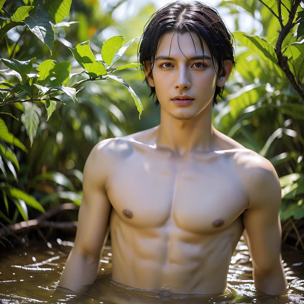 (tmasterpiece, high resolution, ultra - detailed:1.0), (1  boy, young male), perfect male body, (adult male elf:1.3), delicate eyes and delicate face, extremely detailed CG, Bblack hair, Unity 8k papel de parede, Complicated Details, face detailed, (silver eyes, eye looking to camera, sorriso sexy, seductiveexpression, eyes half closed, short and messy hair, half a body in the mud pit, topless, mud bath, wet hair and body), plein-air, flowers and trees, waterfall, portraite, color difference, Depth of field, dramatic shadow, ray tracing, best quality, Cinematic lighting, offcial art,