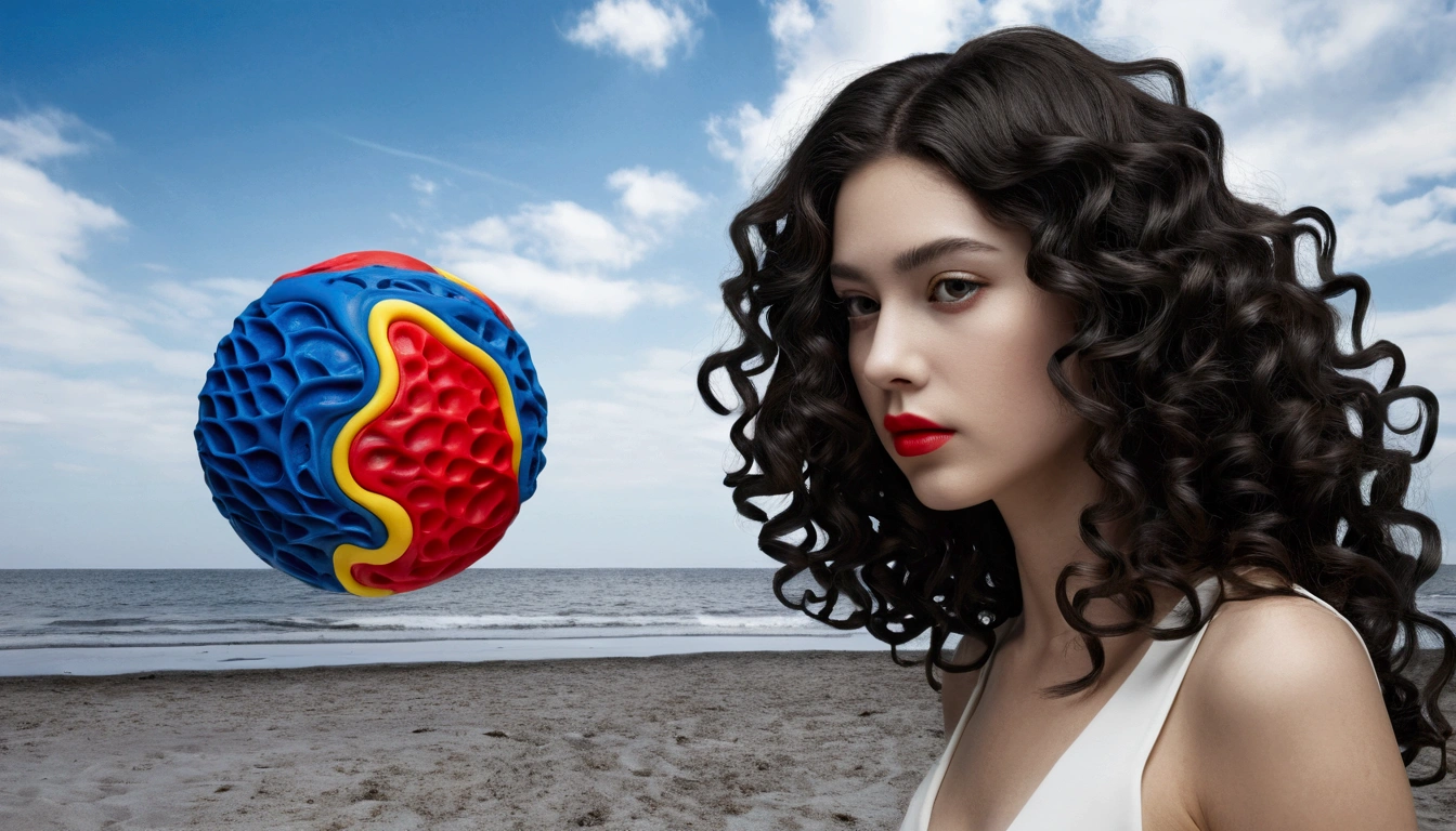 Black and white and primary colors, 3d abstract modeling clay, long dark curly hair woman photography, dreamland, immersive inspired beach landscape, jelly fish, inside and out spheric, René magritte inspiration.