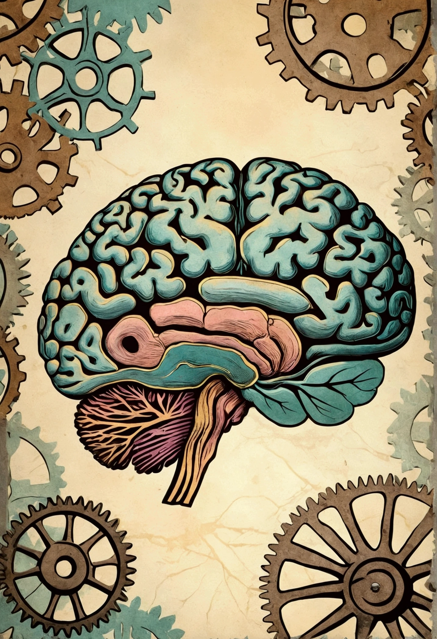 An old wallpaper background, Tons pastel, vintage, with illustration of a brain, neurology scenario, graphics and lots of gears, papyrus, rustic paper