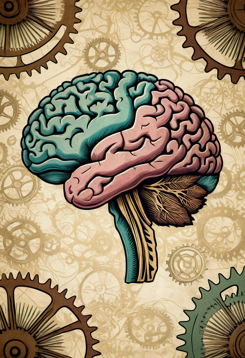 An old wallpaper background, Tons pastel, vintage, with illustration of a brain, neurology scenario, graphics and lots of gears, papyrus, rustic paper