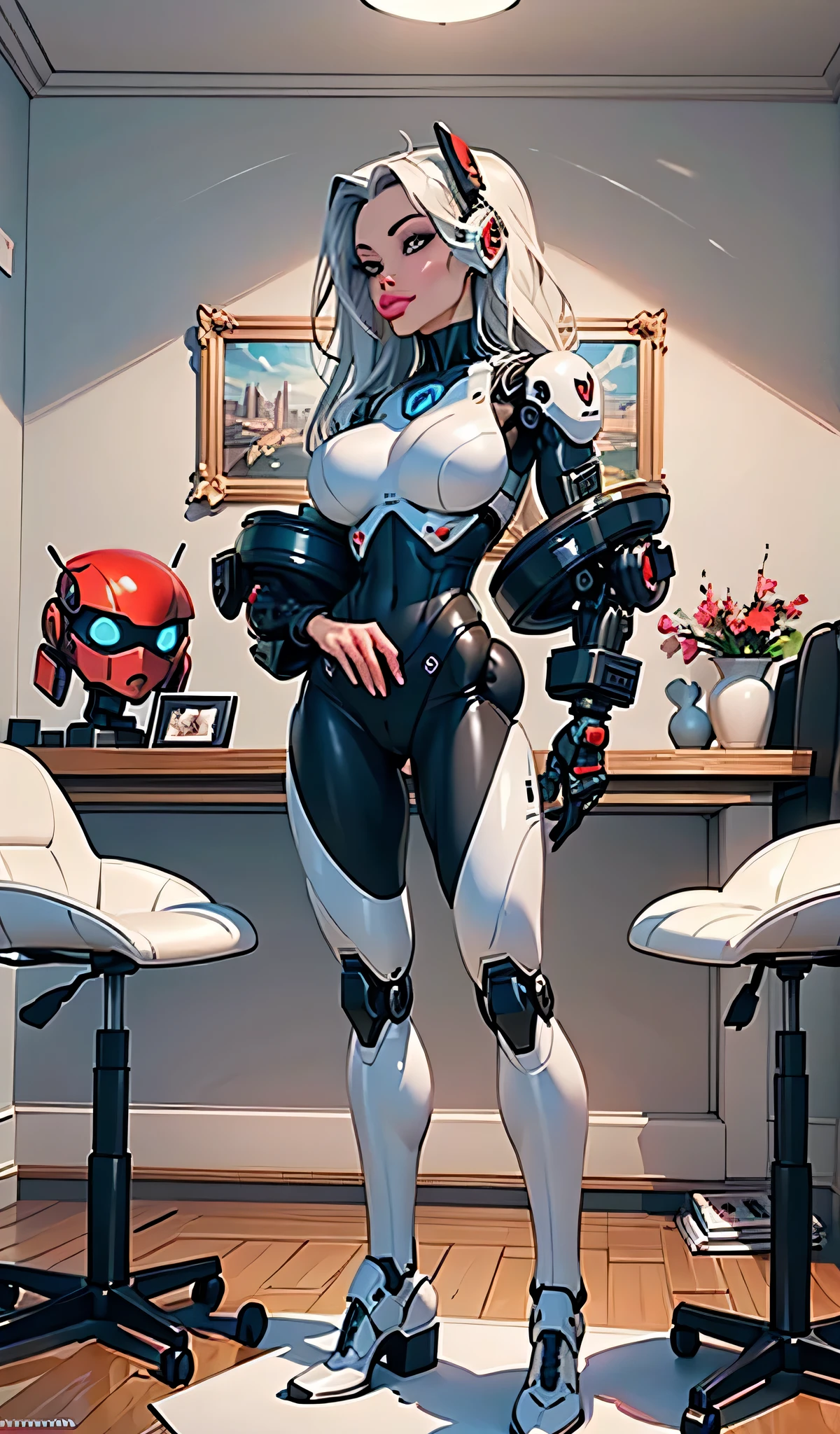 UHD 8k, HDR+, (side profile), ((cinematic lighting)), There is a woman in a robot suit posing next to an ancient building, Beautiful white girl half cyborg, (aletta ocean face), (slender metallic abs), Cute cyborg girl, Beautiful girl cyborg, Perfect Robot Girl, Cyborg girl, Young cyborg grady, Beautiful Female Robot, (ass air bags), Beautiful robot woman, cyborg girl, perfect cyborg female, porcelain cyborg, Female robot, Beautiful cyborg images, masterpiece, Against the background of the chic modern apartment, detailed background, realistic, 1girl, solo girl, 25 year old girl, ultra realistic face, hyperrealistic, hyperdetailed, (looking at viewers), sharpen, detailed face, detailed eyes, detailed lips, red lips, beautiful face, 16k, FHD, raw photo, cute face mesh, pretty face mesh, portrait shot 8 k