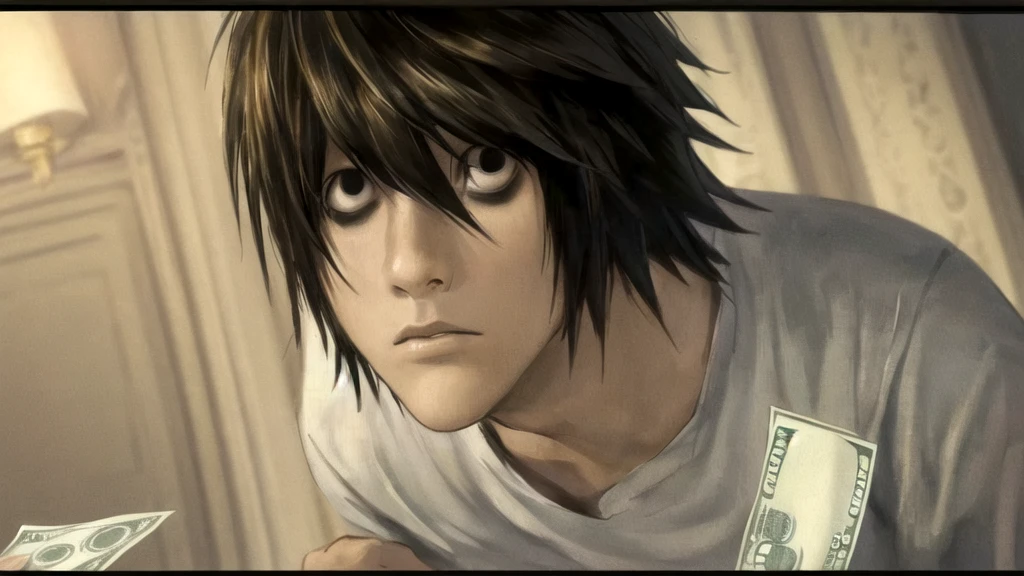 1 boy, man, perfect anatomy, mesmerizing black eyes, 8k resolution, (one person), (realism: 1.2), (masterpiece: 1.2), (cowboy frame: 1.2), dark romantic lighting, (high detail: 1.2), (detailed face: 1.2), (gradients), bright detailed eyes, (natural light: 1.2), solo, indoors, perfect lighting, perfect facial features, perfect angle, perfectly drawn eyes, man, skinny, serious expression, money, dollars, gold around, dollars
