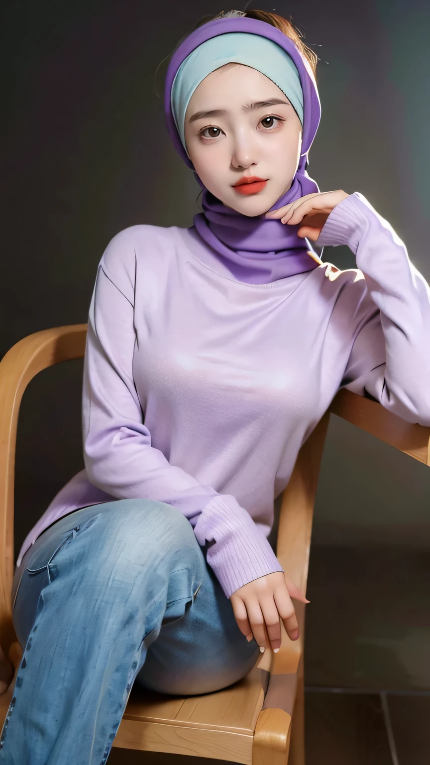a 20 yo woman,((hijab)), soft purple sweater, dark theme, soothing tones, muted colors, high contrast, (natural skin texture, hyperrealism, soft light, sharp), simple background, smile, natural beauty, modern chair, sitting on a chair, wearing jeans, white gloves, beautiful eyes, green eyes, perfect figure