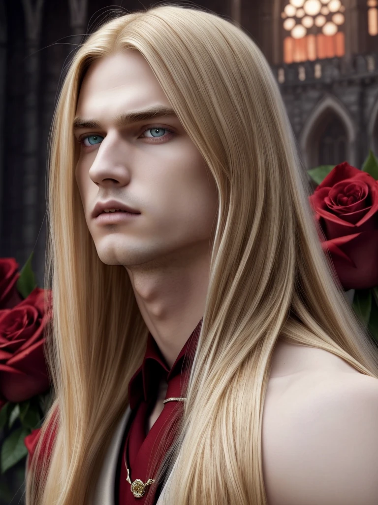 masterpiece, highest quality, (solo focus), (perfect face:1.1), (high detail:1.1), (hyper detailed eyes), dramatic, 1guy, (Pale skin), long blonde hair, (red irises), individual focus, Vampire, long hair, moon, night, Red luxury suit, pouty lips, castle, detailed background, art by artgerm, cinematic lighting, red roses, fashion