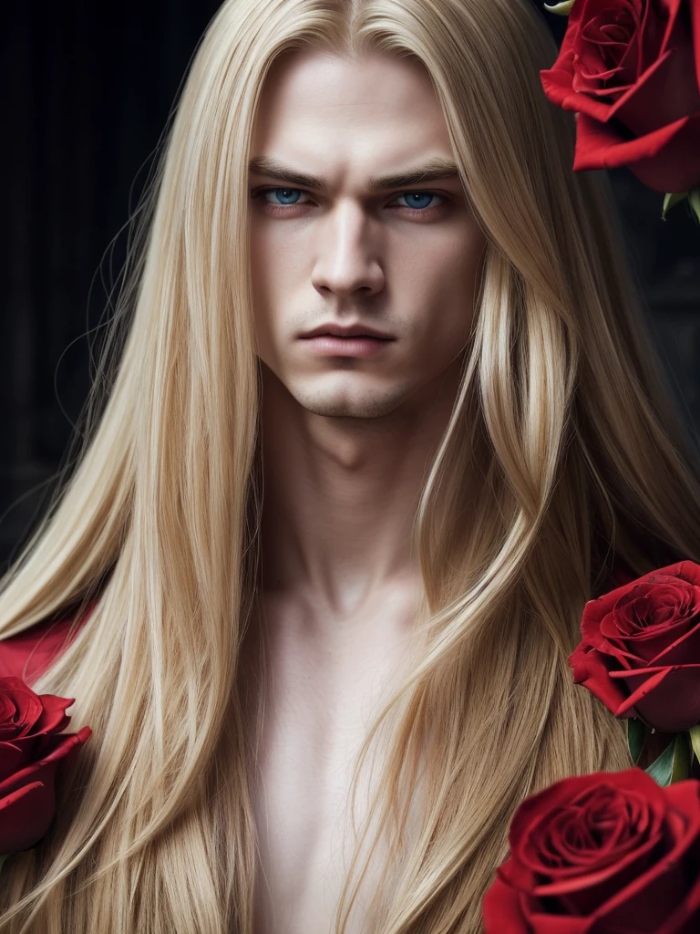 masterpiece, highest quality, (solo focus), (perfect face:1.1), (high detail:1.1), (hyper detailed eyes), dramatic, 1guy, (Pale skin), long blonde hair, (red irises), individual focus, Vampire, long hair, moon, night, Red luxury suit, pouty lips, castle, detailed background, art by artgerm, cinematic lighting, red roses, fashion