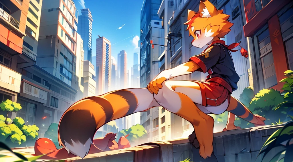 Red Panda Boy,8k resolution,Furry,          Uniform attire,Red collar,feetは二つ,feetで立つ！                   towering,lanky,lanky,：slim body,：tall hands,feet,It's bright outside,Collapsed City,building,broken