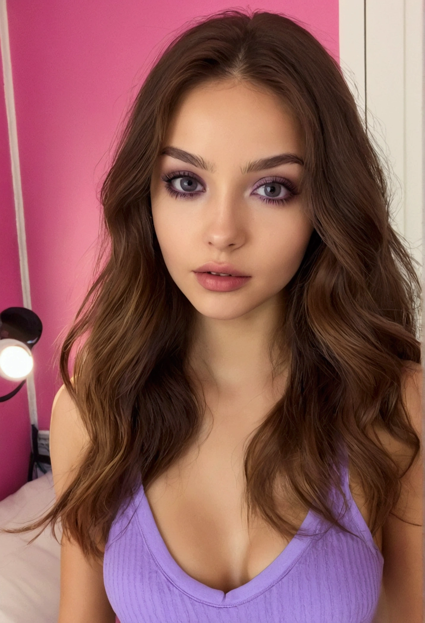 femme arafed avec débardeur et culotte assortis, fille sexy aux yeux marrons, portrait sophie mudd, cheveux noirs et grands yeux, au club, Selfie d'une jeune femme, Augen dans la chambre, violette myers, sans maquillage, maquillage naturel, Regarder directement dans la caméra, Visage avec Artgram, maquillage subtil, superbe photo de tout le corps, dans la chambre, clivage