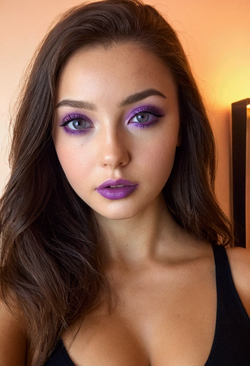 femme arafed avec débardeur et culotte assortis, fille sexy aux yeux marrons, portrait sophie mudd, cheveux noirs et grands yeux, au club, Selfie d'une jeune femme, Augen dans la chambre, violette myers, sans maquillage, maquillage naturel, Regarder directement dans la caméra, Visage avec Artgram, maquillage subtil, superbe photo de tout le corps, dans la chambre, clivage. ultra réaliste, cinéma. Elle est dans son salon, dans son canapé