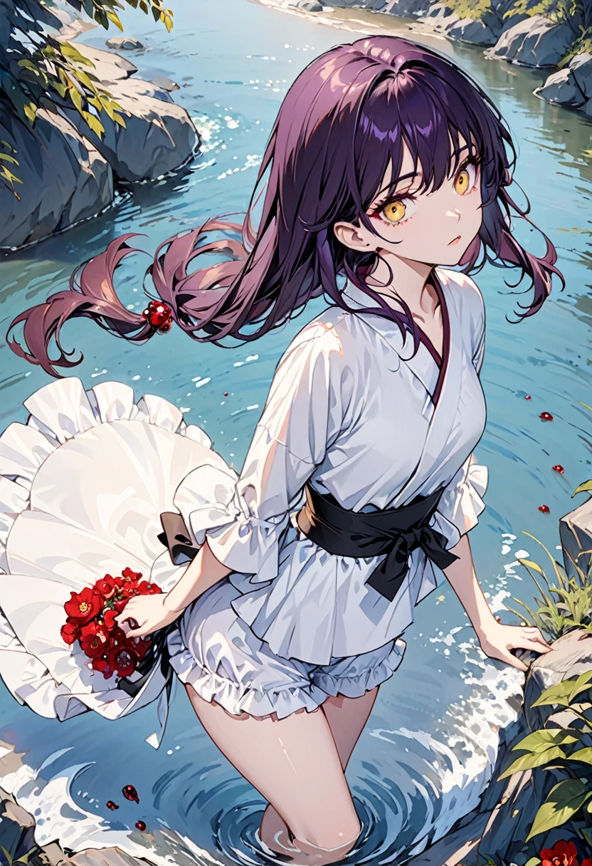One girl, masterpiece, best quality, fair skin, golden eyes, big eyes, dark purple hair, tied to the side, frilled shorts, black belt, red jewel, water, anime