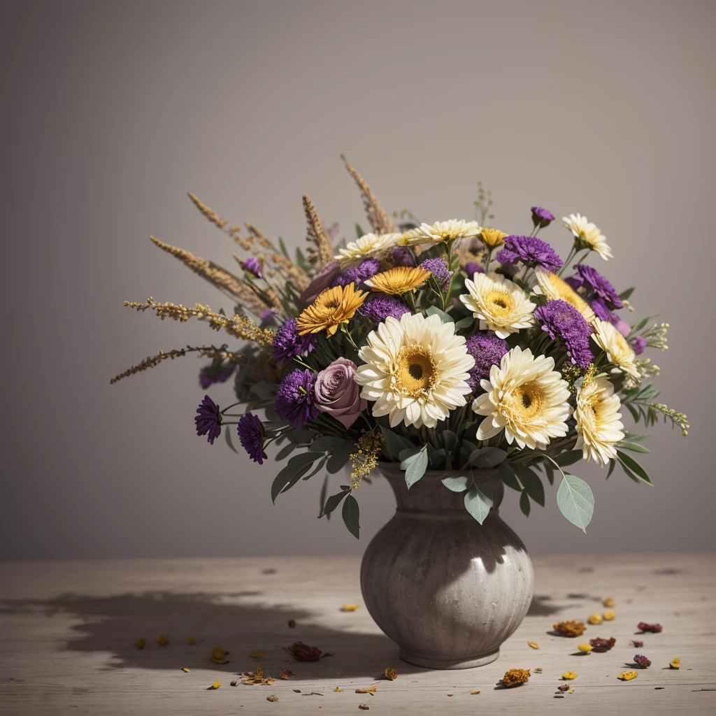 In the foreground is a bouquet of dried flowers, mainly gypsophile, paints are bright and juicy, the background is gray, without details, high detail, 3 d render. 