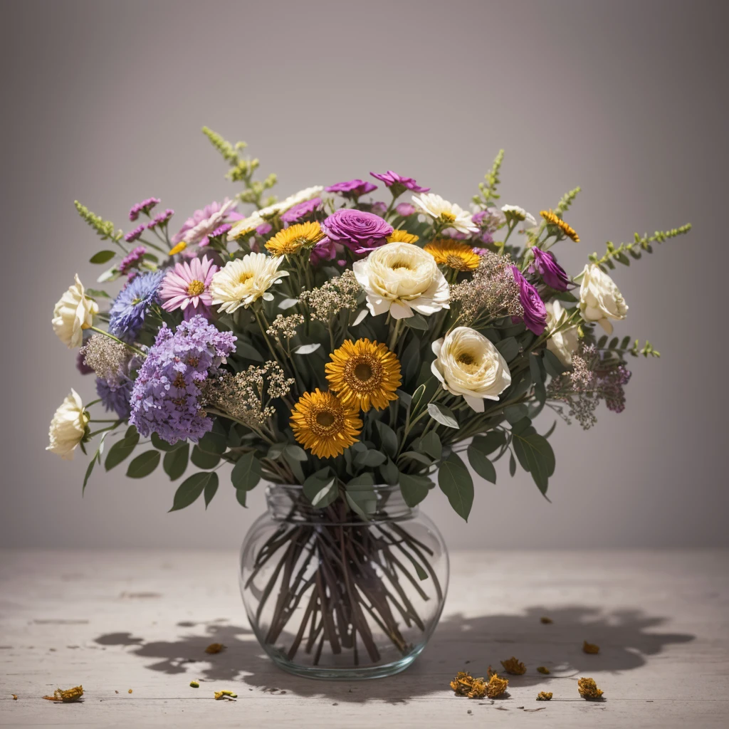 In the foreground is a bouquet of dried flowers, mainly gypsophile, paints are bright and juicy, the background is gray, without details, high detail, 3 d render.
