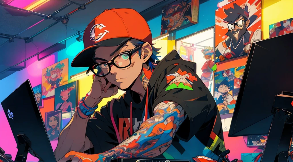 upper body,  male streamer, small red beard, black ball cap, thick frame glasses, colorful clothes , quirky, vibrant appearance,  playful accessories, creative behavior, imaginative, sensual, spontaneous, dj headphones, gaming pc, neon lighting, gamer room, streamer lights, anime figures on shelf in background, nery stuff, highest quality, skin texture, intricate details, (cinematic lighting), RAW photo, 8