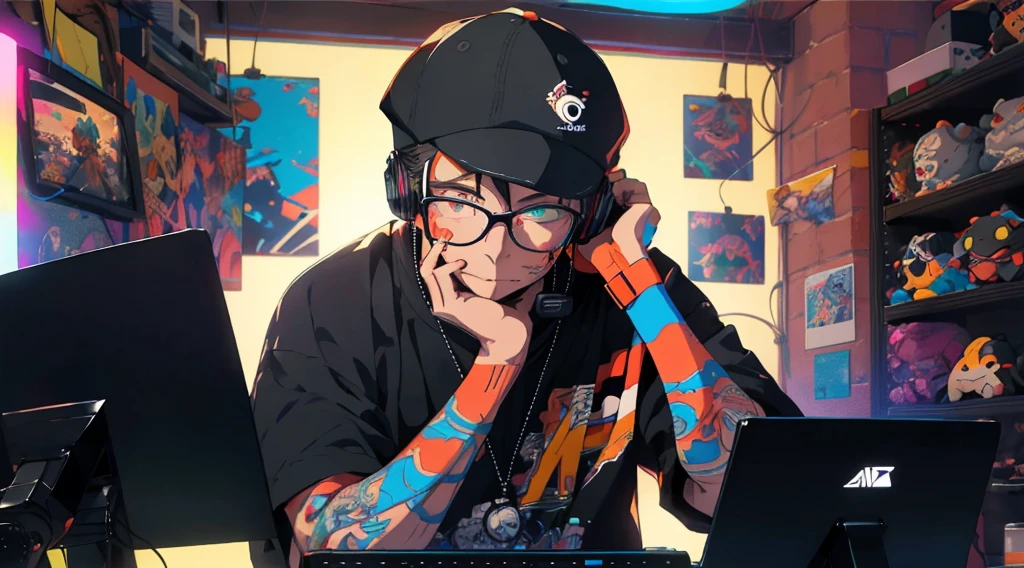 upper body,  male streamer, small red beard, black ball cap, thick frame glasses, colorful clothes , quirky, vibrant appearance,  playful accessories, creative behavior, imaginative, sensual, spontaneous, dj headphones, gaming pc, neon lighting, gamer room, streamer lights, anime figures on shelf in background, nery stuff, highest quality, skin texture, intricate details, (cinematic lighting), RAW photo, 8