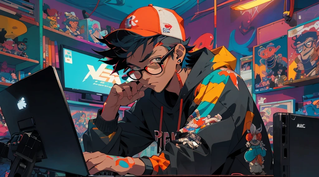 upper body, male streamer, small red beard, black ball cap, thick frame glasses, colorful clothes , quirky, vibrant appearance, playful accessories, creative behavior, imaginative, sensual, spontaneous, dj headphones, gaming pc, neon lighting, gamer room, streamer lights, anime figures on shelf in background, nery stuff, highest quality, skin texture, intricate details, (cinematic lighting), RAW photo, 8